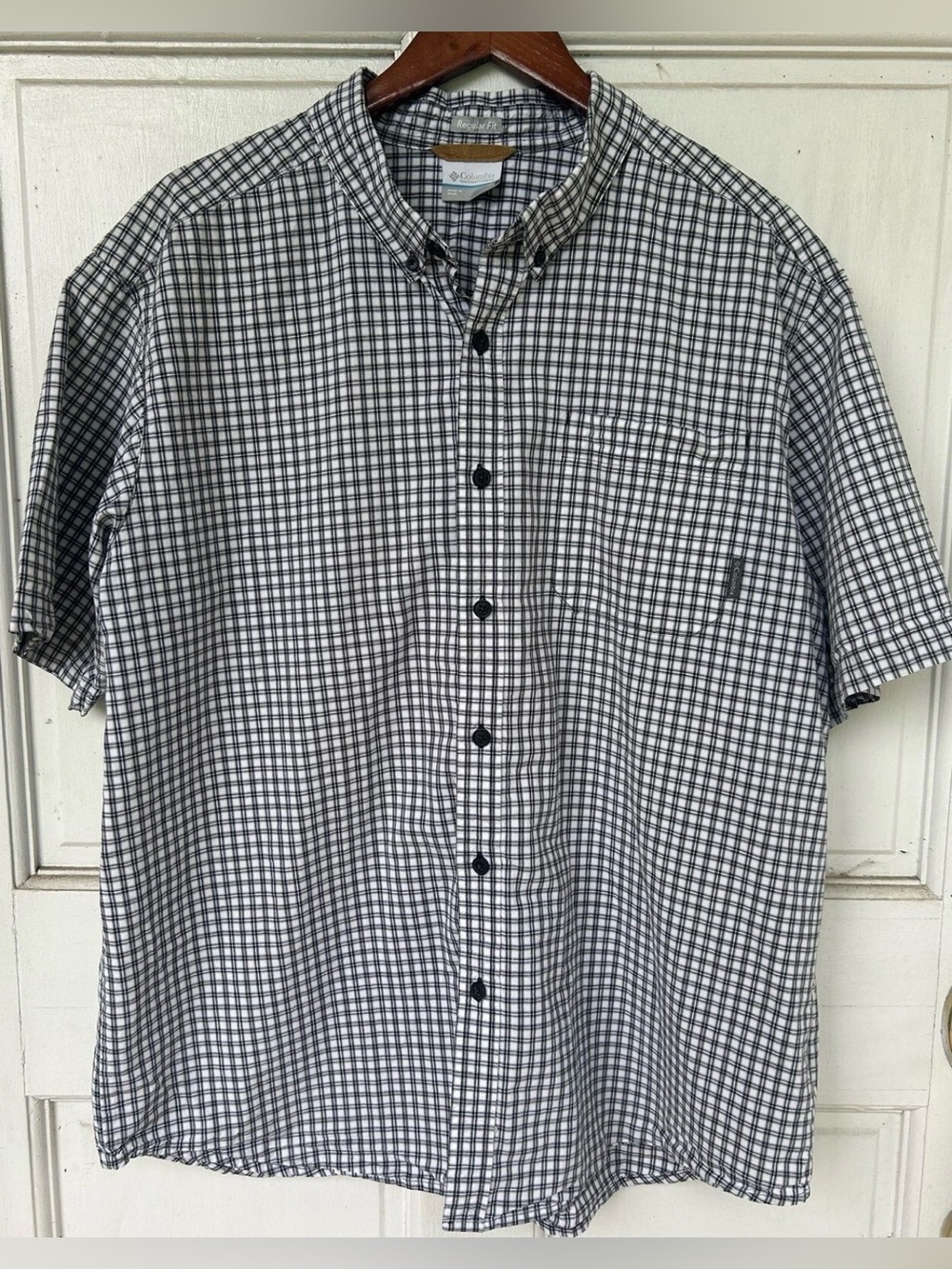 MENS COLUMBIA 1X SHORT SLEEVE BUTTON UP DOWN SHIRT COLLAR PLAID BLACK WHITE GRAY